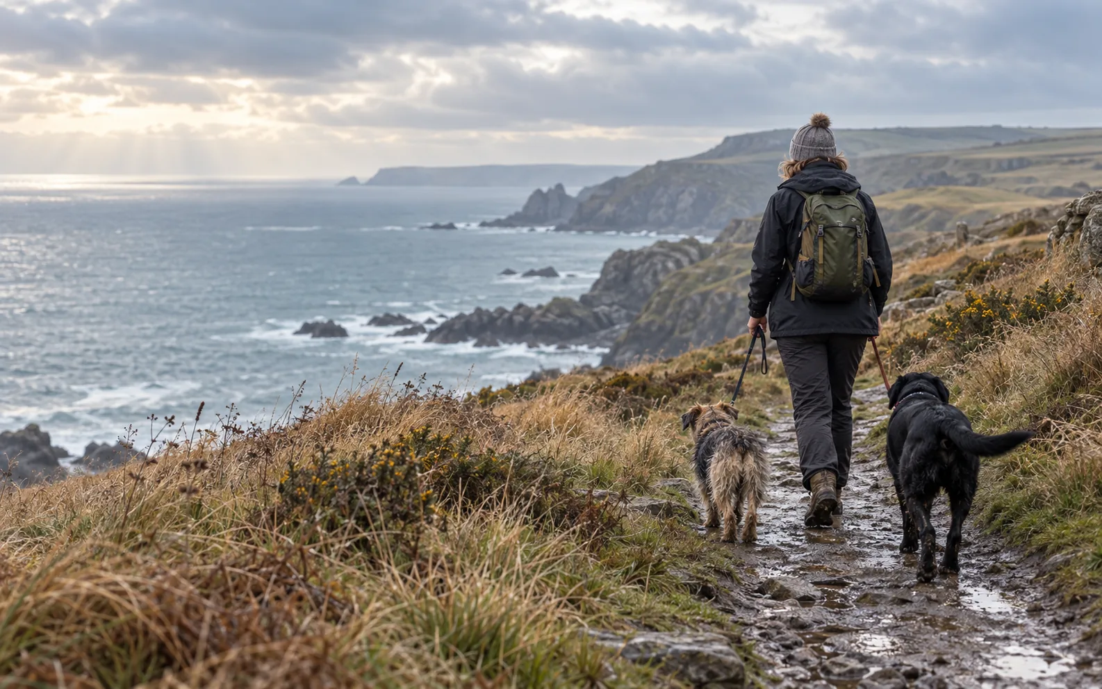 A dog walking a coastal path on the British coastline