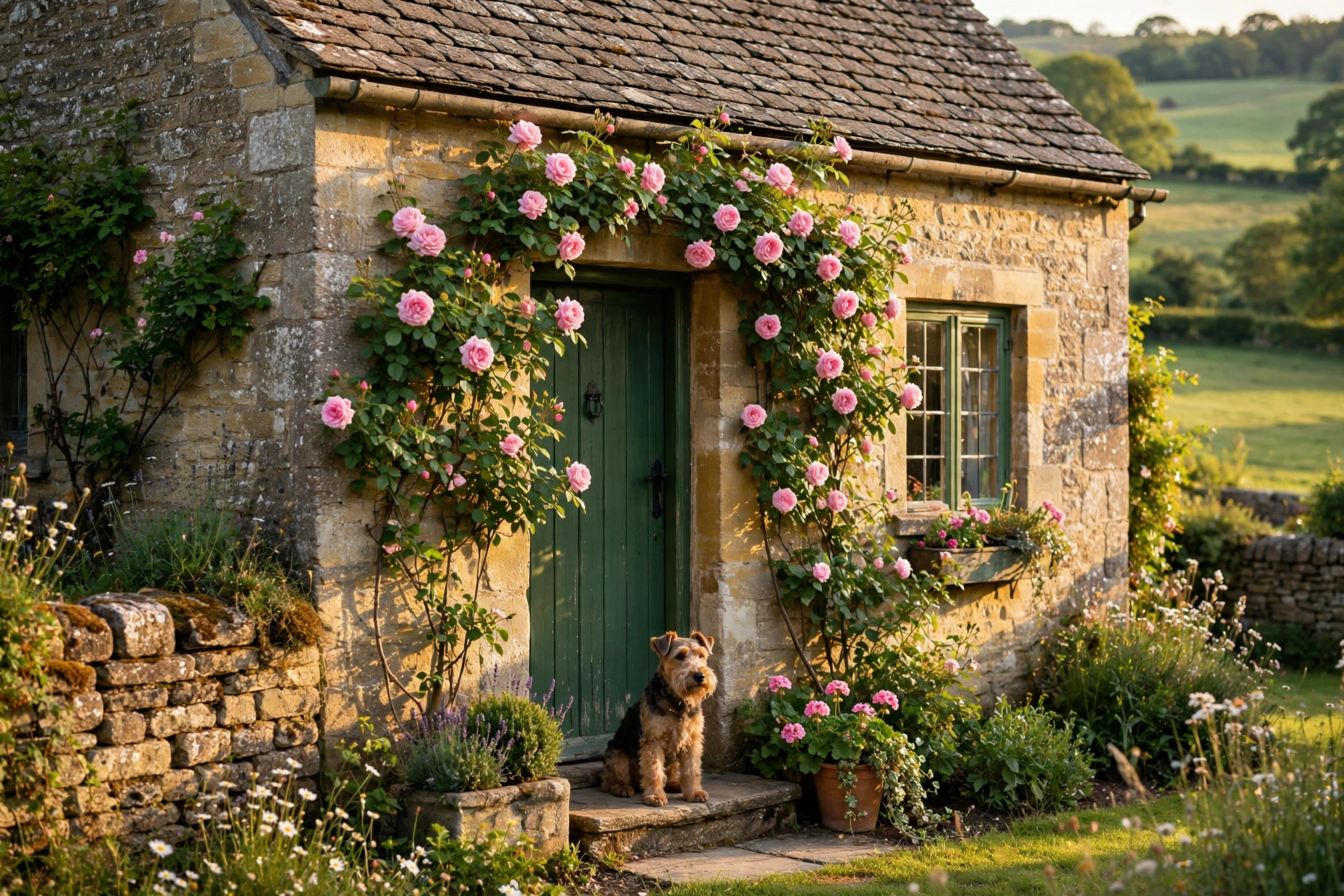 Cotswold stone cottage with a terrier waiting on the doorstep in golden light