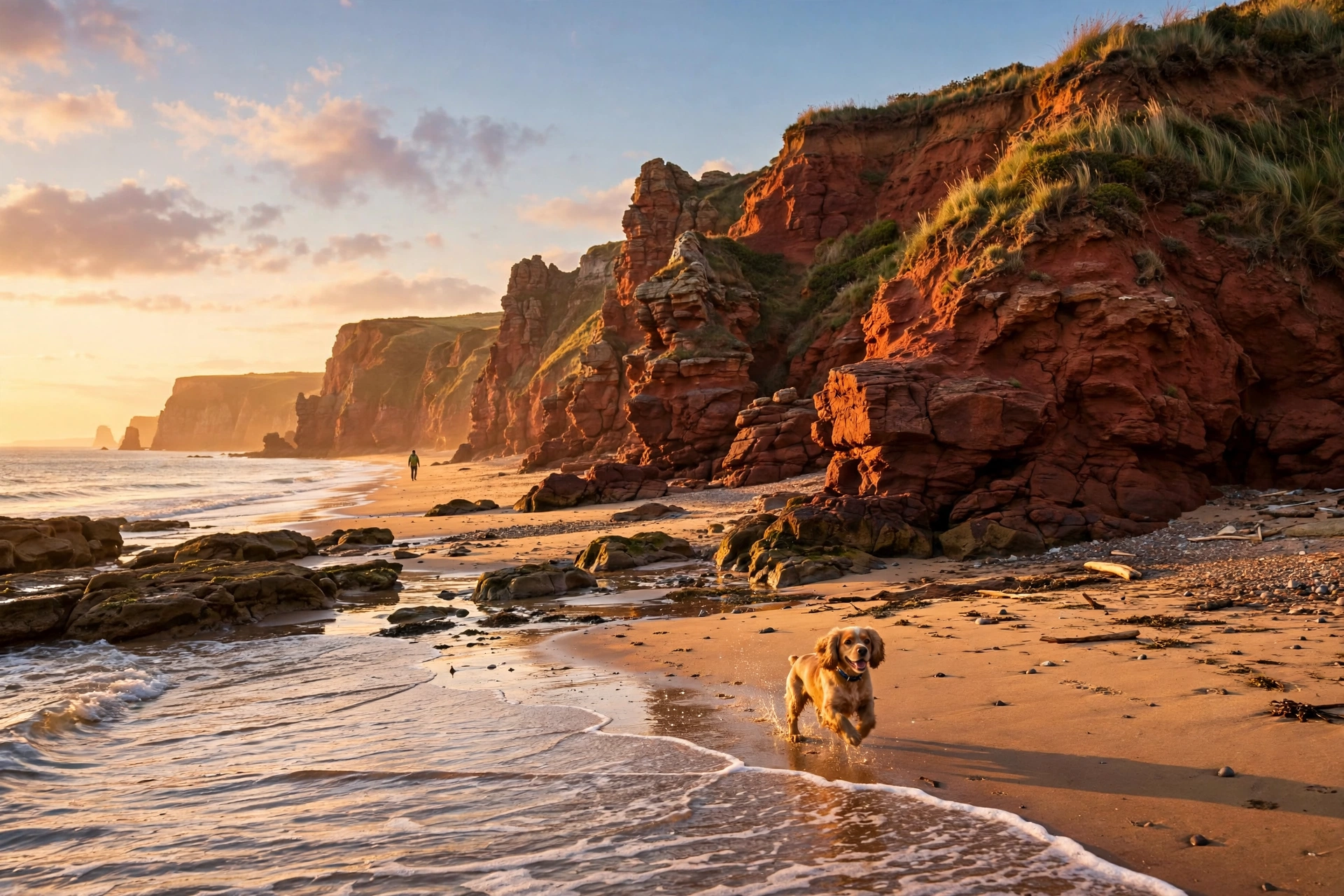 Red cliffs and a sandy beach in Devon at sunset, with a spaniel running along the shoreline