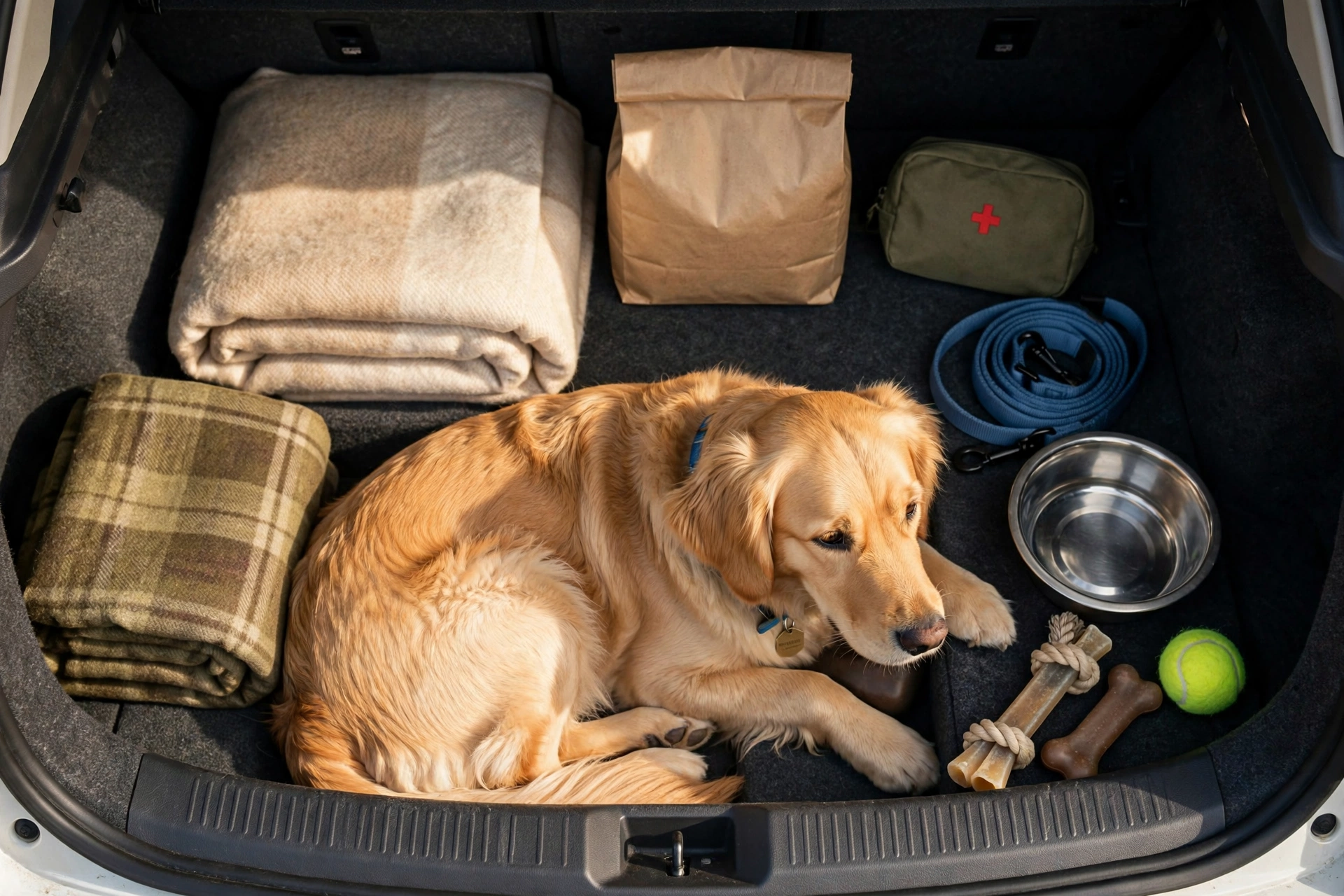 Car boot neatly packed for a road trip with a dog: blankets, food, bowls, leash and toys